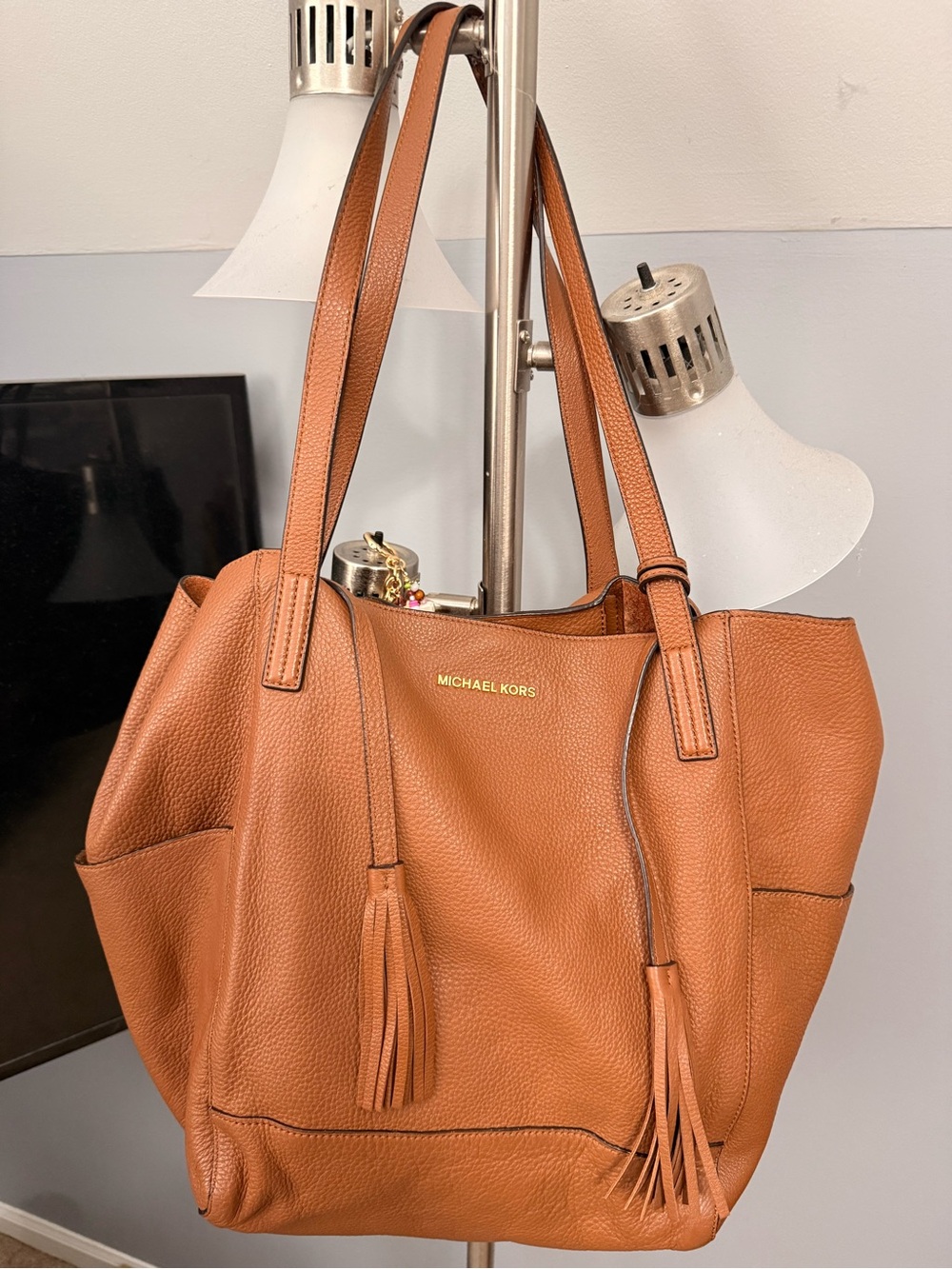 Michael Kors Cognac Pebbled Leather Shoulder Tote with Tassels